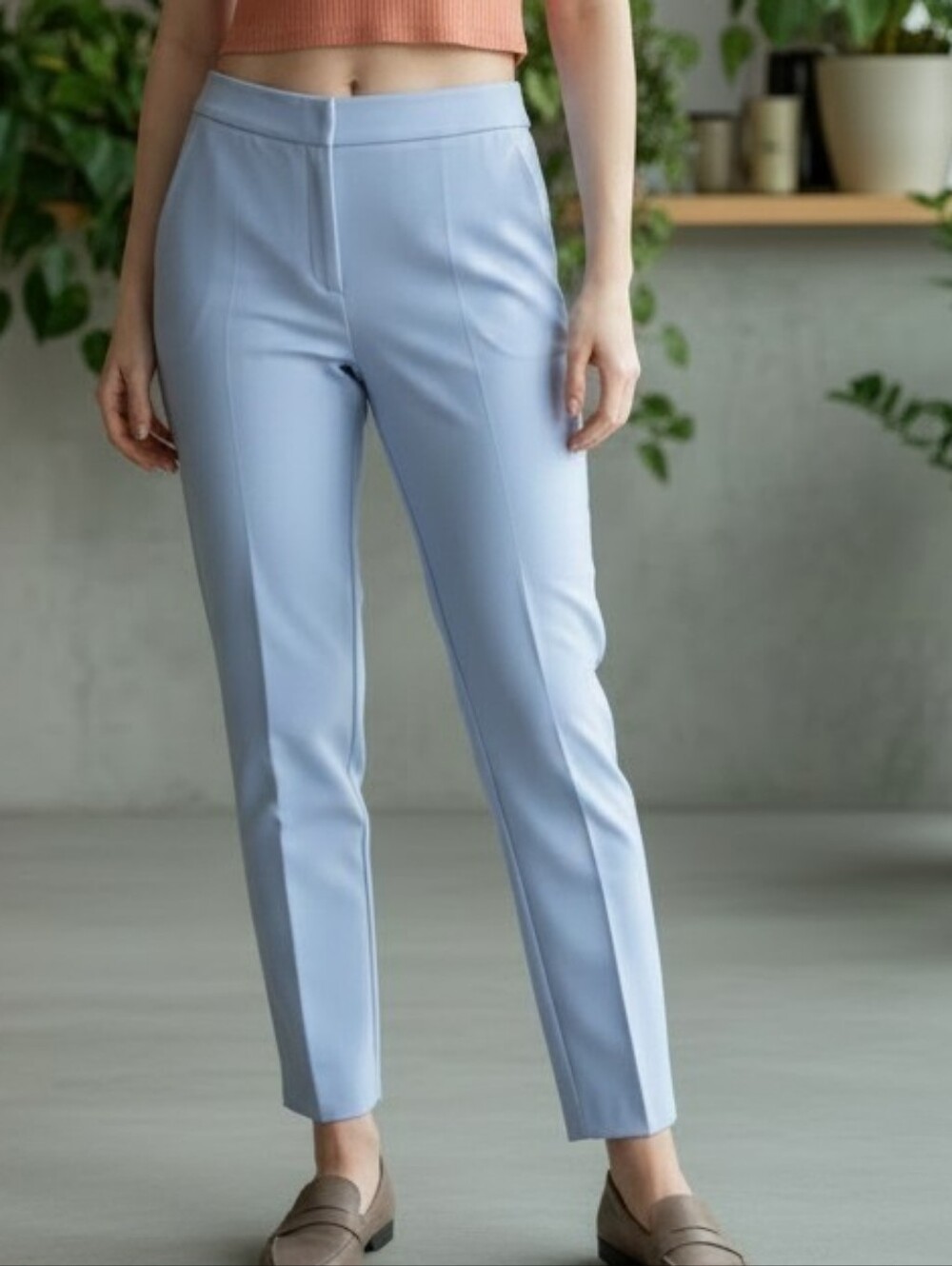 Zara Basic Light Blue Cropped Tailored Trousers Pants - Elastic Back Waist